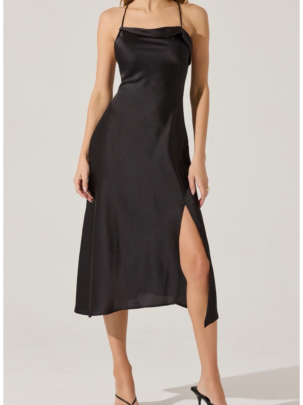 ASTR The Label black satin cowel neck dress